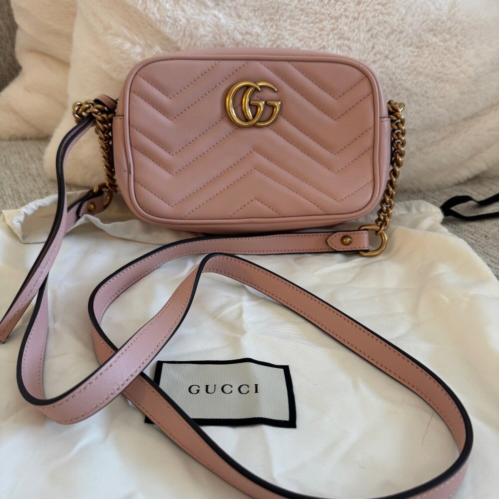 Authentic GUCCI GG Marmont Pink Leather Gold Chain Cross-Body Mini Shoulder Bag